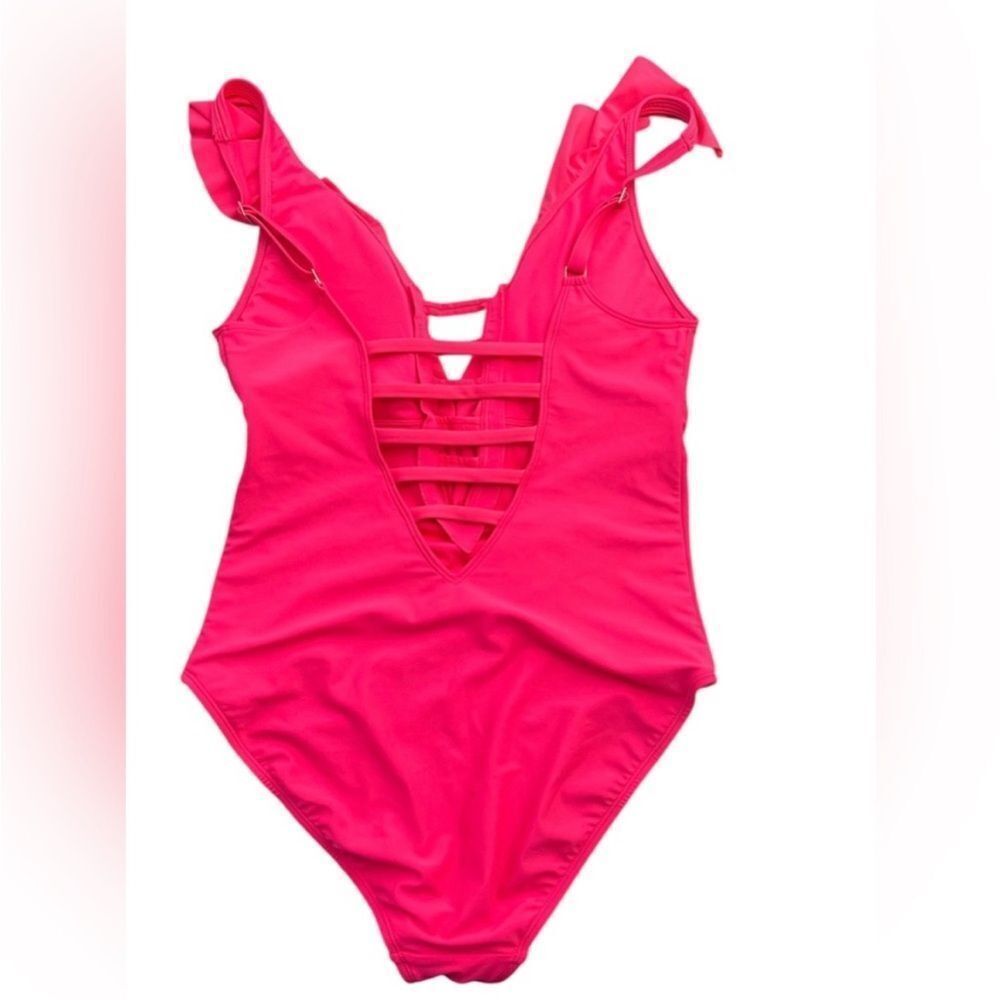 Lilly Pulitzer Carmen bright pink Ruffle deep v strappy one piece swimsuit SZ 10 - Picture 5 of 10